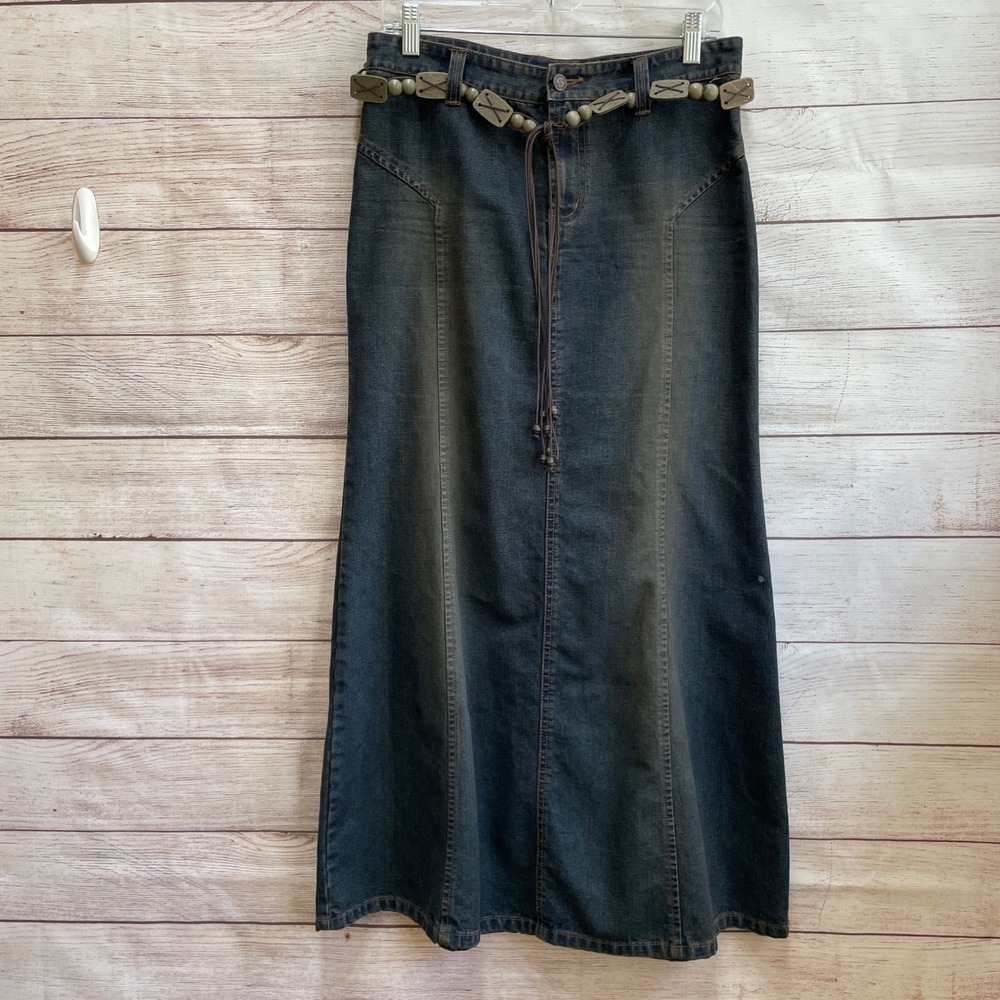 VINTAGE SQUEEZE STEPHEN HARDY DENIM MAXI‎ SKIRT WITH BEADED BELT